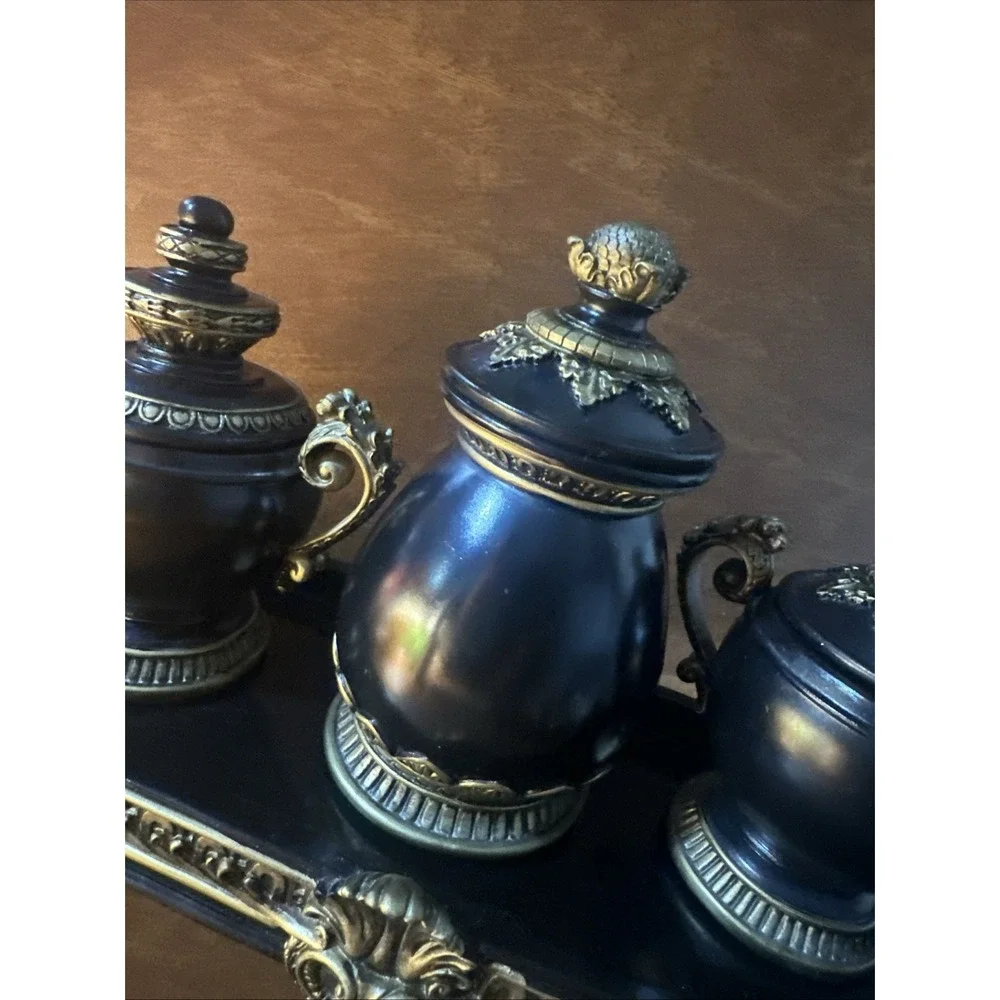Hollywood Regency Resin Inkwell & Urn Vanity Tray 4pc Set Black Gold Decor
